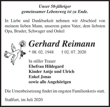 Traueranzeige von Gerhard Reimann  von Magdeburger Volksstimme