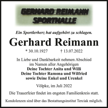 Traueranzeige von Gerhard Reimann  von Magdeburger Volksstimme