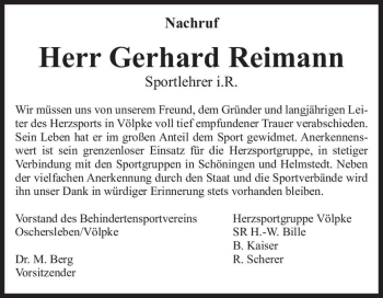 Traueranzeige von Gerhard Reimann  von Magdeburger Volksstimme
