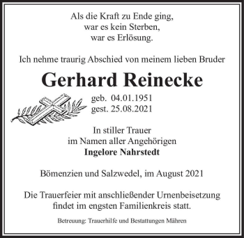 Traueranzeige von Gerhard Reinecke  von Magdeburger Volksstimme