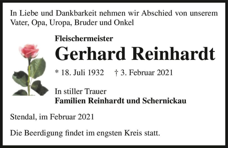  Traueranzeige für Gerhard Reinhardt  vom 06.02.2021 aus Magdeburger Volksstimme