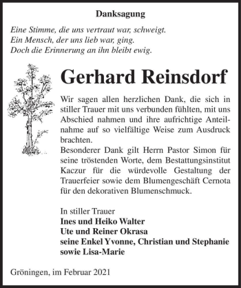 Traueranzeige von Gerhard Reinsdorf  von Magdeburger Volksstimme