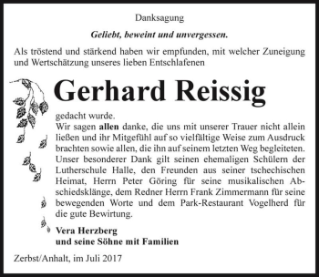 Traueranzeige von Gerhard Reissig  von Magdeburger Volksstimme