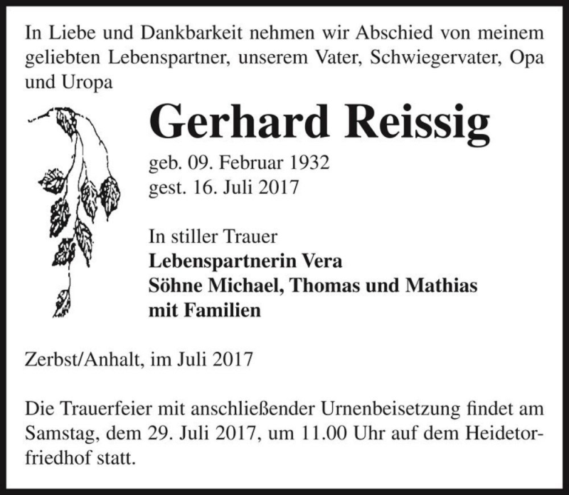  Traueranzeige für Gerhard Reissig  vom 22.07.2017 aus Magdeburger Volksstimme