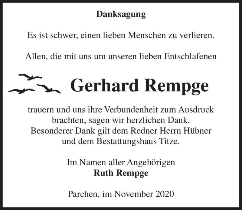  Traueranzeige für Gerhard Rempge  vom 28.11.2020 aus Magdeburger Volksstimme