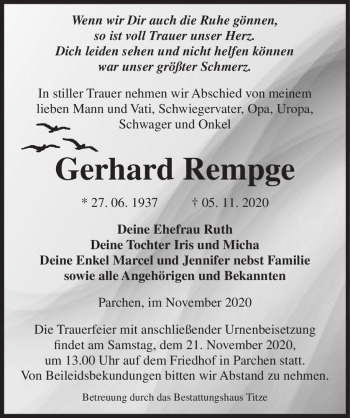 Traueranzeige von Gerhard Rempge  von Magdeburger Volksstimme