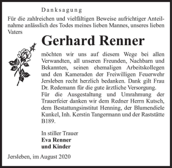 Traueranzeige von Gerhard Renner  von Magdeburger Volksstimme