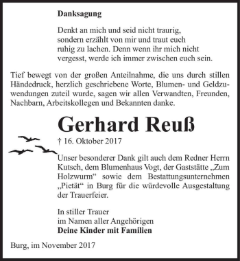 Traueranzeige von Gerhard Reuß  von Magdeburger Volksstimme