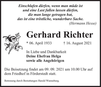 Traueranzeige von Gerhard Richter  von Magdeburger Volksstimme