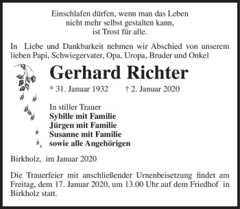 Traueranzeige von Gerhard Richter  von Magdeburger Volksstimme
