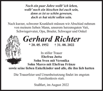 Traueranzeige von Gerhard Richter  von Magdeburger Volksstimme