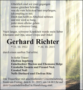 Traueranzeige von Gerhard Richter  von Magdeburger Volksstimme