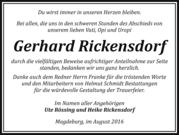 Traueranzeige von Gerhard Rickensdorf  von Magdeburger Volksstimme