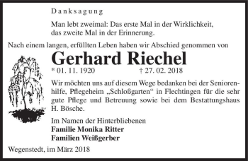 Traueranzeige von Gerhard Riechel  von Magdeburger Volksstimme