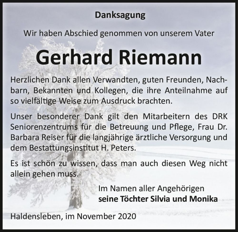  Traueranzeige für Gerhard Riemann  vom 14.11.2020 aus Magdeburger Volksstimme