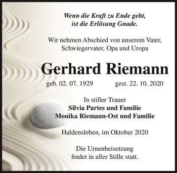 Traueranzeige von Gerhard Riemann  von Magdeburger Volksstimme