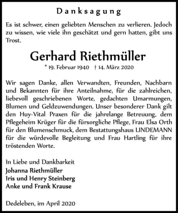 Traueranzeige von Gerhard Riethmüller  von Magdeburger Volksstimme