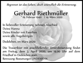 Traueranzeige von Gerhard Riethmüller  von Magdeburger Volksstimme