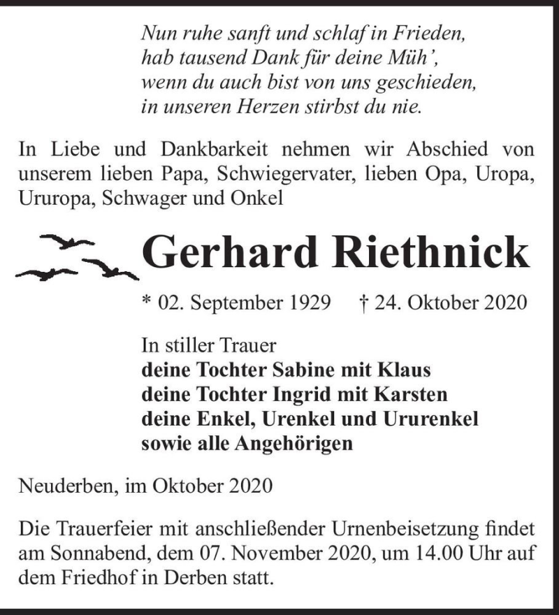  Traueranzeige für Gerhard Riethnick  vom 30.10.2020 aus Magdeburger Volksstimme