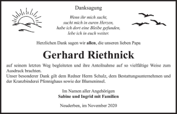Traueranzeige von Gerhard Riethnick  von Magdeburger Volksstimme