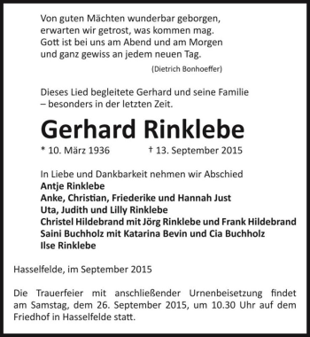Traueranzeige von Gerhard Rinklebe  von Magdeburger Volksstimme