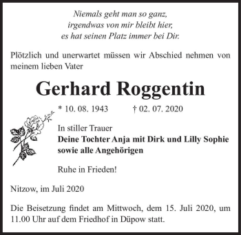 Traueranzeige von Gerhard Roggentin  von Magdeburger Volksstimme