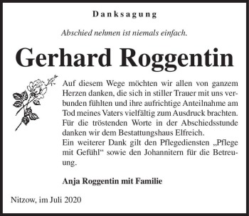 Traueranzeige von Gerhard Roggentin  von Magdeburger Volksstimme
