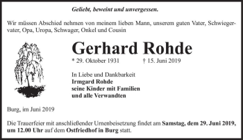 Traueranzeige von Gerhard Rohde  von Magdeburger Volksstimme