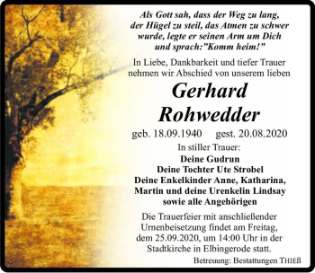 Traueranzeige von Gerhard Rohwedder  von Magdeburger Volksstimme