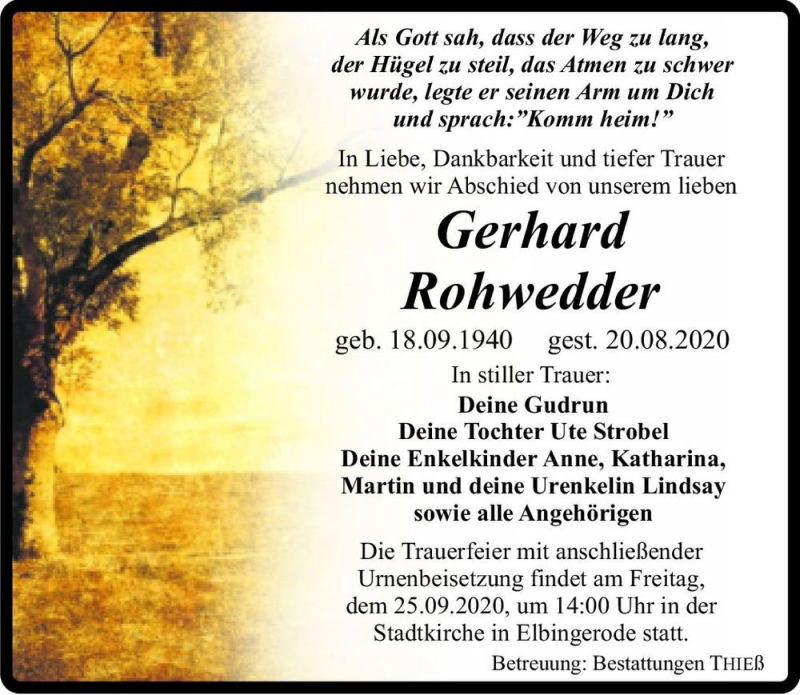 Traueranzeige für Gerhard Rohwedder  vom 19.09.2020 aus Magdeburger Volksstimme