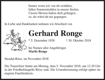 Traueranzeige von Gerhard Ronge  von Magdeburger Volksstimme
