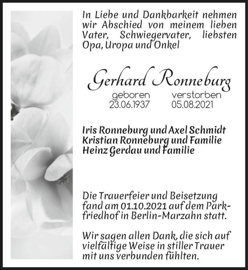  Traueranzeige für Gerhard Ronneburg  vom 09.10.2021 aus Magdeburger Volksstimme