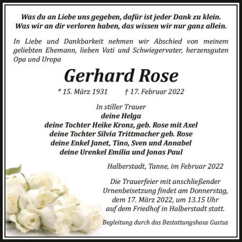 Traueranzeige von Gerhard Rose  von Magdeburger Volksstimme