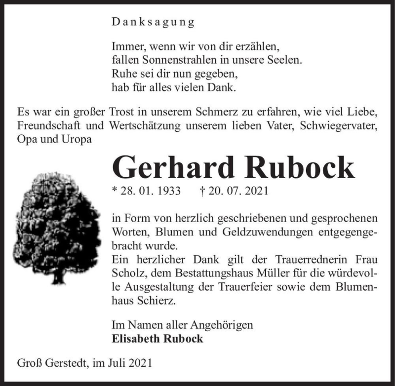  Traueranzeige für Gerhard Rubock  vom 14.08.2021 aus Magdeburger Volksstimme