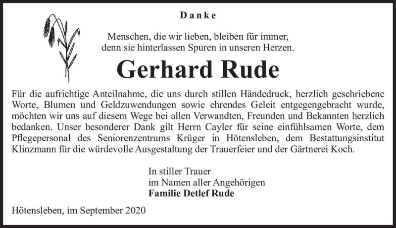  Traueranzeige für Gerhard Rude  vom 16.09.2020 aus Magdeburger Volksstimme