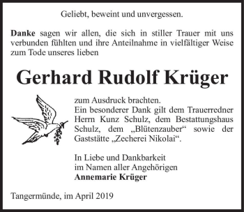 Traueranzeige von Gerhard Rudolf Krüger  von Magdeburger Volksstimme