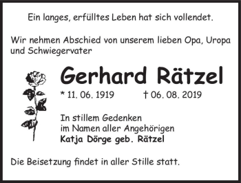 Traueranzeige von Gerhard Rätzel  von Magdeburger Volksstimme