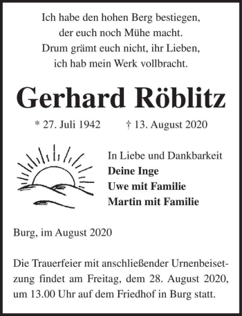 Traueranzeige von Gerhard Röblitz  von Magdeburger Volksstimme