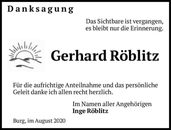 Traueranzeige von Gerhard Röblitz  von Magdeburger Volksstimme