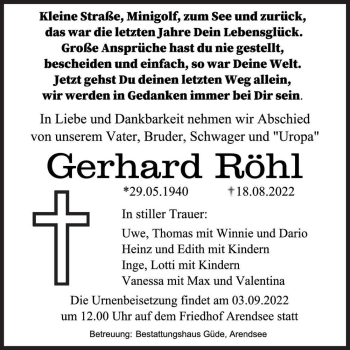 Traueranzeige von Gerhard Röhl  von Magdeburger Volksstimme