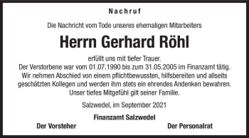 Traueranzeige von Gerhard Röhl  von Magdeburger Volksstimme