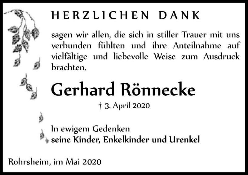  Traueranzeige für Gerhard Rönnecke  vom 16.05.2020 aus Magdeburger Volksstimme
