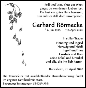 Traueranzeige von Gerhard Rönnecke  von Magdeburger Volksstimme