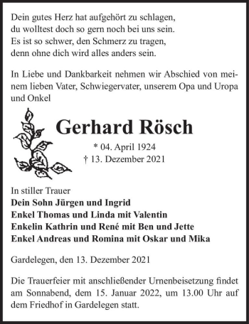 Traueranzeige von Gerhard Rösch  von Magdeburger Volksstimme