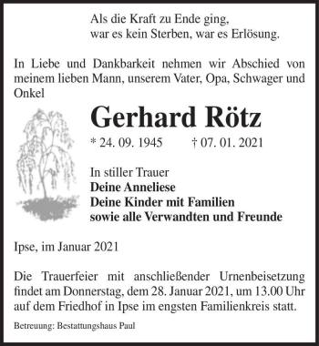 Traueranzeige von Gerhard Rötz  von Magdeburger Volksstimme