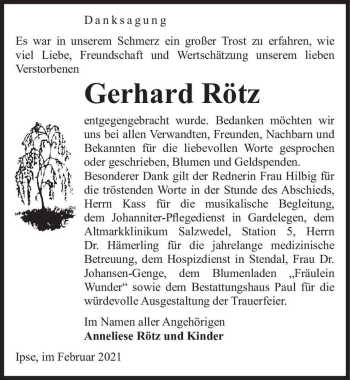 Traueranzeige von Gerhard Rötz  von Magdeburger Volksstimme