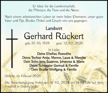 Traueranzeige von Gerhard Rückert  von Magdeburger Volksstimme