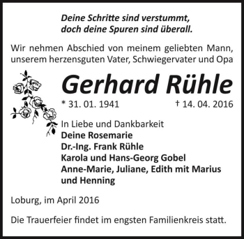 Traueranzeige von Gerhard Rühle  von Magdeburger Volksstimme