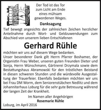 Traueranzeige von Gerhard Rühle  von Magdeburger Volksstimme