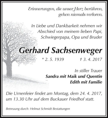 Traueranzeige von Gerhard Sachsenweger  von Magdeburger Volksstimme